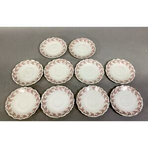 Set Of 10 Vintage Elite Works Limoges Scalloped Edge Saucers Pink Roses - 5-3/4”